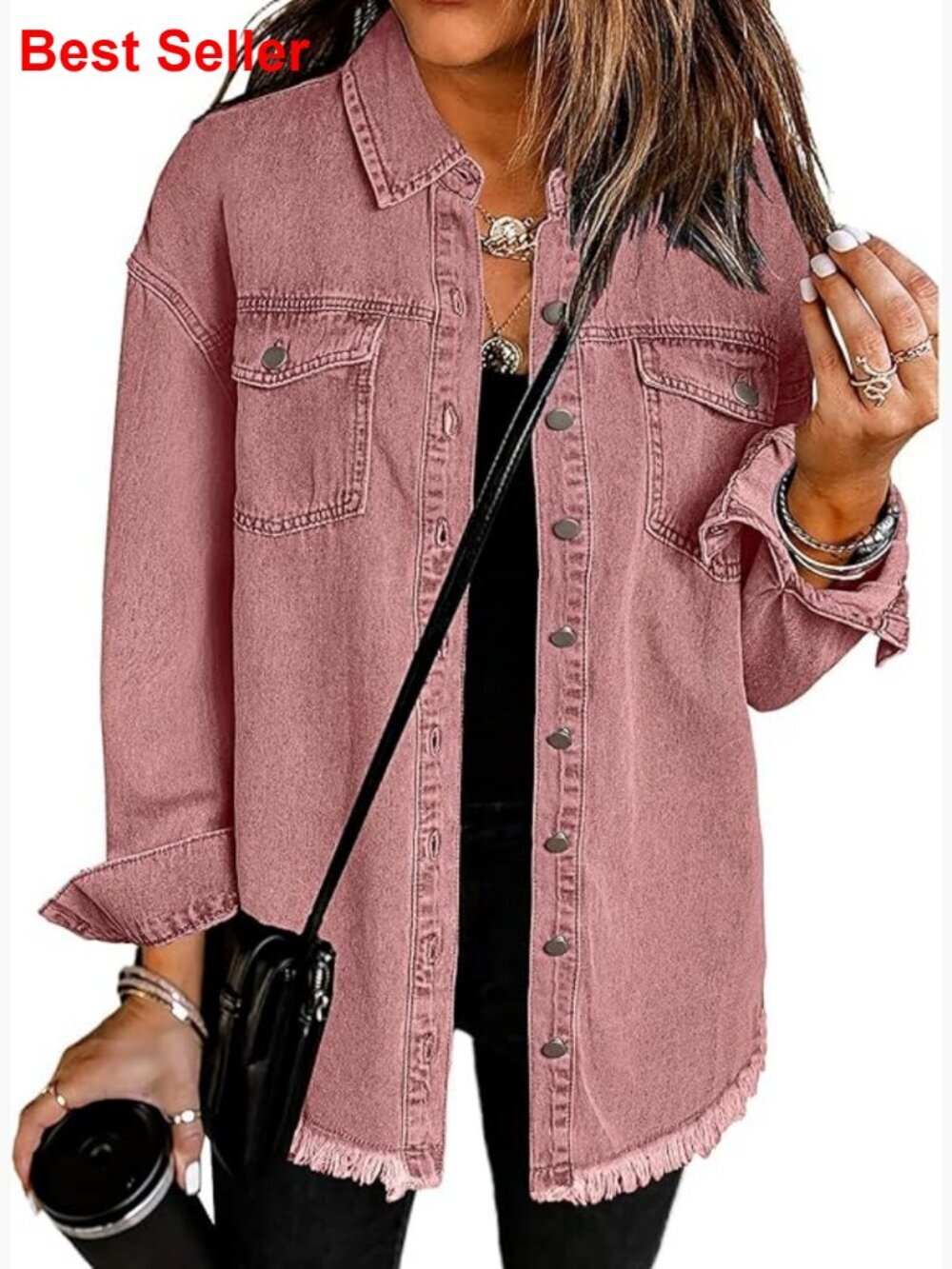 Oversized Button Up Frayed Hem Shacket Long Sleeve Pockets Denim Jean Jacket